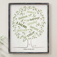 a family tree with names on it hanging from the wall next to a potted plant