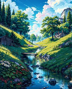 a painting of a river running through a lush green hillside