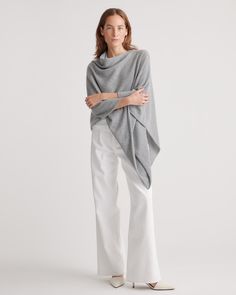 We love when an outfit comes together so easily. This baby-soft cashmere poncho adds some low-key luxe to your fave denim, leggings, and more. It all starts with 100% grade-A Mongolian cashmere, sourced sustainably and ethically from Inner Mongolia's Hircus goats. Layer up with three times the warmth of wool and quality that's made to last. Read more on what makes it special in our Cashmere 101.  | Quince | Women's Mongolian Cashmere Poncho in Heather Grey Chic Oversized Cashmere Cape, Casual Cashmere Poncho For Fall, Chic Cashmere Poncho For Layering, Cozy Cashmere Cape, Oversized Cashmere Cape With Long Sleeves, Oversized Cashmere Poncho, Cozy Long Sleeve Cashmere Poncho, Cashmere Cape For Layering In Fall, Cashmere Cape For Fall Layering