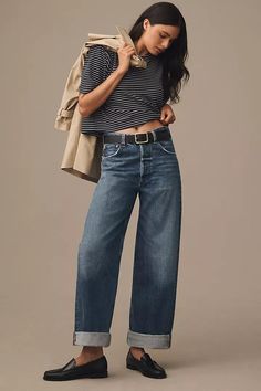 Citizens of Humanity Ayla Crop High-Rise Wide-Leg Jeans | Anthropologie Ankle Jeans Women, Crop Top And Loose Jeans, Chunky Loafers Wide Leg Jeans, Ayla Jeans Outfit, Best Jeans For Short Curvy Women, Wide Cropped Jeans Outfit, High Rise Wide Leg Jeans Outfit, Cuffed Jeans Outfit, Jeans For Women Over 50