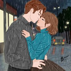 a man and woman kissing in the rain