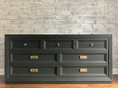 "This piece has sold. It is a sample of my work. PLEASE DO NOT PURCHASE! Beautiful Thomasville campaign dresser refinished in a custom green. This color is truly a chameleon - depending on the time of day it can read deep green or grey. Sprayed for a smooth finish with two layers of matte poly for extra durability. The bottom four drawers boast the original campaign hardware and the top three smaller drawers have been updated with fluting and sleek whistle knobs. Drawers have been sealed with tung oil and lined with grey linen like contact paper. Dimensions: 64.5\" x 18\" x 30\" Shipping is not free Price reflects condition and type of furniture, supplies used and time spent refinishing. Please note that due to the nature of vintage furniture minor imperfections are to be expected. While I Campaign Dresser, Dresser With Tv, Dresser Refinish, Types Of Furniture, Tv Console, Bedroom Furniture Dresser, Small Drawers, Furniture Renovation, Furniture Restoration