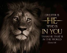 a lion with a bible verse on it's face and the words, he who is in you than he that is in the world