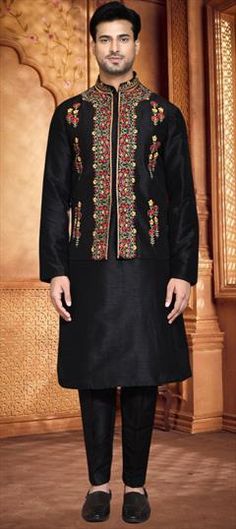 Black and Grey color Kurta Pyjama with Jacket in Art Silk fabric with Embroidered work Formal Black Kurta With Floral Embroidery, Party Black Embroidered Nehru Jacket, Black Nehru Jacket With Resham Embroidery, Black Long Sleeve Kurta With Embroidered Border, Black Embroidered Jamawar Kurta, Embroidered Silk, Wearing Black, Silk Fabric, Party Wear