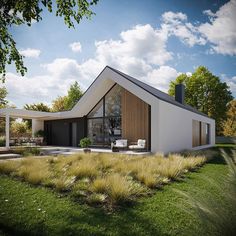 an artist's rendering of a modern house in the middle of a grassy area