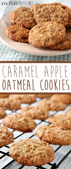 an oatmeal cookie cooling on a rack with the words caramel apple oatmeal cookies