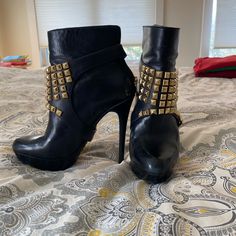 Worn A Few Times, Black Rocker Boots. 1/2” Platform, 4-1/2 Heel. Back Zip. Studs Strap On And Can Come Off To Be Worn Without. Beautiful Bootie! Leather High Heel Platform Boots With Rivets, Leather Platform Boots With Rivets And High Heel, Leather Platform Boots With Rivets, Edgy Leather Platform Boots With Studs, Edgy High Heel Moto Boots With Rivets, Edgy High Heel Moto Boots With Reinforced Heel, High Heel Moto Boots With Rivets For Party, Punk Ankle-high Heeled Boots With Reinforced Heel, Rocker High-top Boots With Spikes