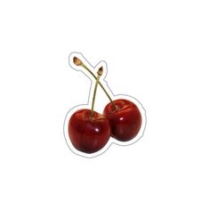 two cherries sticker sitting on top of each other in front of a white background