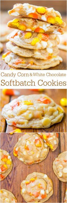 candy corn and white chocolate softbread cookies are stacked up on top of each other