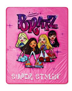 a pink towel with the name boratz on it and four girls in different outfits