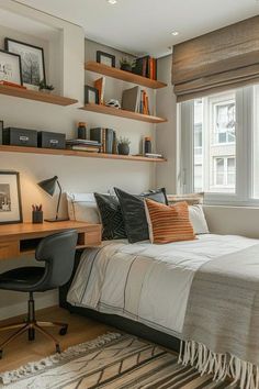 #BEAUTY ,#REALATIONSHIPS #Fashion #Outfits #Winter Outfits #Animals Small Bedroom With Workspace, Wall Shelves Above Desk, Book Shelf Ideas Bedroom Small Spaces, Tiny Bedroom Decor Ideas, Tiny Bedroom Decor, Bedroom Shelving, Small Teen Bedroom, Small Boys Bedrooms, Minimal Room