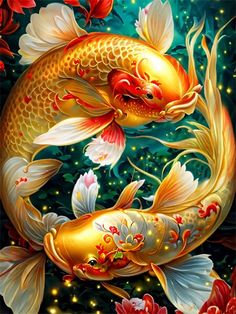 Diamond Painting - Gouden Koi Karpers Fish Drawings, Gems Art, Painting Accessories, Gold Fish, Diamond Mosaic, Colorful Fish, Arte Fantasy