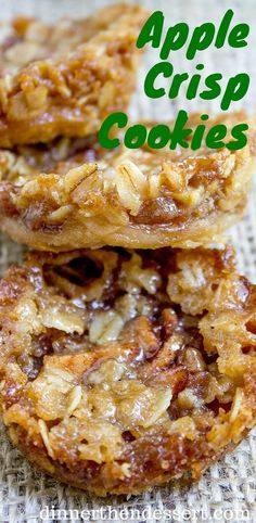 apple crisp cookies stacked on top of each other with text overlay that reads, apples crisp cookies