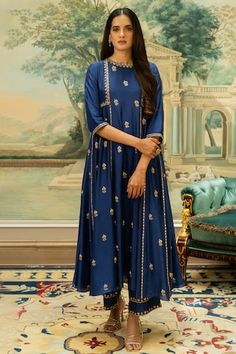 Electric blue chiniya silk anarkali with butti motifs, mirror and zari hand embroidery. Comes with pant. - Aza Fashions Paulmi And Harsh, Silk Anarkali, Blue Kurta, India Dress, Blue Fits, Silk Pants, Indian Designer Wear, Kurta Set, Bride Bridal