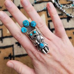 Authentic Turquoise set in Sterling Silver This Turquoise Kachina Ring was handmade by amazing Native American Artist Doris Smallcanyon. Size 8.75 2.25" long Wild Rag, Native American Artists, Pearl Cluster, Southwest Style, Spiny Oyster, Gifts Cards, Turquoise Jewelry, Earring Necklace, Ring Shopping