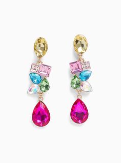 Beautiful stones dangle from an elegant drop earring that instantly elevates any look. Post back. 2. 25”length. Base metals. Imported. The best plus size women's multi gem statement drop earrings in multi. Colorful Statement Earrings, Multicolor Crystal Chandelier Drop Earrings, Multicolor Crystal Chandelier Earrings, Multicolor Teardrop Chandelier Earrings For Party, Glamorous Multicolor Dangle Crystal Earrings, Multicolor Teardrop Earrings For Party, Semi Precious Stone Jewelry, Christmas Attire, Ear Drops