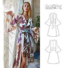 🌸✨ Unleash your inner bohemian goddess with Soulmatte's exquisite printable sewing pattern! Introducing our Wide Sleeves Robe--a perfect blend of hippie chic and summer vibes, designed for the free-spirited woman who loves to embrace comfort and style. 🌞 Dive into the world of peignoir couture with our unique pattern, featuring wide sleeves that flow like a gentle breeze and a flattering V neckline design. Whether you're lounging by the pool or strolling through a summer festival, this long ro Beach Robe Pattern, Womens Robe Pattern, Fitted V-neck Bohemian Kimono, Robe Pattern Free Sewing, Diy Robe Pattern, Boho Sewing Patterns, Kimono Robe Sewing Pattern, Robe Sewing Pattern, Kimono Sewing Pattern