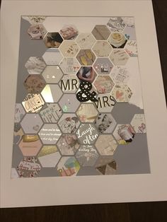 a collage of hexagonal images with words and pictures on them in white frame