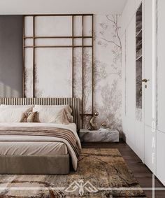 a bedroom with a large bed and wallpaper on the walls, along with an area rug