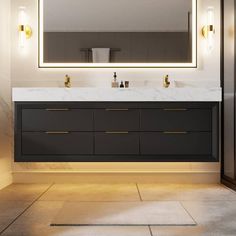 a bathroom vanity with two sinks and a large mirror