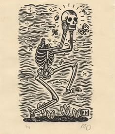 a drawing of a skeleton dancing in the water