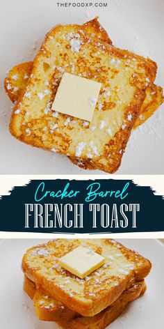 Copycat Cracker Barrel French toast featuring thick slices of bread soaked in a rich egg batter, cooked to golden perfection, and dusted with powdered sugar, served with maple syrup for a classic breakfast treat.