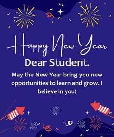 happy new year card for student with fireworks and streamers in the sky on purple background