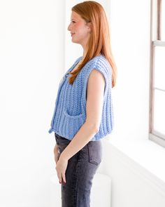 This chunky knit vest boasts a beautiful blue hue and a gold button up style, complete with a round neck and front pockets. A must-have for fall! Details: 100% Polyester Fit: Ann Marie is 5'6" and wearing a size small. Chunky Knit Vest, Button Up Style, Ann Marie, Knit Vest, Gold Buttons, Blue Hues, Up Styles, Dusty Blue, Chunky Knit