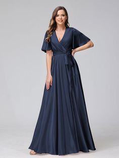 A-Line V-Neck Half Sleeves Long Silk Satin Bridesmaid Dresses With Ruf-Lavetir Elegant V-neck Bridesmaid Dress For Prom, Elegant V-neck Bridesmaid Evening Dress With Sweep Train, Elegant V-neck Bridesmaid Dress With Sweep Train, Chiffon V-neck Gown For Banquet, Chiffon V-neck Evening Dress For Wedding, Chiffon V-neck Evening Dress For Bridesmaids, Chiffon V-neck Bridesmaid Evening Dress, Elegant V-neck Bridesmaid Dress, Chiffon Wedding Dress With Surplice Neckline