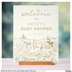 a baby shower sign with winnie the pooh and pooh on it's back