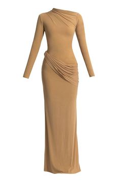 Beige solid dress with pleated drape on bodice and waistline. - Aza Fashions Fitted Pre-draped Long Sleeve Maxi Dress, Pre-draped Asymmetrical Dress With Fitted Bodice, Pre-draped Maxi Dress With Folds, Fitted Asymmetrical Pre-draped Maxi Dress, Pre-draped Asymmetrical Ruched Evening Dress, Asymmetrical Pre-draped Dress With Fitted Bodice, Fitted Pleated Pre-draped Evening Dress, Fitted Asymmetrical Pre-draped Dress, Fitted Pre-draped Asymmetrical Cocktail Dress