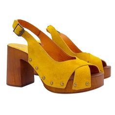 "Unique and special handmade women's shoes, made with scrupulous attention to detail and materials. Women's sandals with brown wood effect base Crossed bands in yellow suede Adjustable ankle strap 8.5cm block heel with 2.5cm plateau Comfortable and light Entirely made by specialized Italian personnel Handcrafted using the best materials Designed & Produced By \"MY Clogs\" BEFORE PURCHASING DO NOT FORGET TO CHECK THE SIZE!" Yellow Open Heel Slingback Sandals, Yellow Leather Sandals With Wooden Heel, Yellow Heels With Wooden High Heel, Yellow High Heels With Wooden Heel, Yellow High Heel Sandals With Wooden Heel, Yellow Sandals With Wooden High Heel, Yellow Open Toe Heels With Wooden Heel, Suede Sandals With Wooden Heel And Ankle Strap, Yellow Open Toe Sandals With Wooden Heel