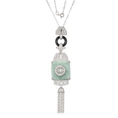 Jade of Yesteryear Green Jade and CZ Longevity Tassel Pendant w/Chain Designed with the Chinese symbol for "Longevity," this pendant offers a timeless statement in strength and style.       Pendant approx. 4-1/16"L x 7/8"W     Chain approx. 18"L     Stamped .925 sterling silver; rhodium plating     Cable chain with spring-ring clasp   Stone Information       All sizes and weights approximate     Green Jade - Square (22.25x4mm)     Charcoal Jade - Geometric (4x8x3mm)     Cubic Zirconia - Round; 3 Unique Jade Pendant Jewelry, Jade Jewelry Design, Carved Silver Jade Necklaces, Luxury Jade Amulet Jewelry, Jade Necklace Pendant Chinese, Chinese Jade Pendant, Chinese Jewelry, Amazonite Stone, Chinese Symbols