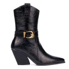 Meet the Wesley boot, a modern twist on a timeless classic. Crafted with sleek faux leather, this boot exudes rugged charm and sophistication. Featuring traditional western-inspired stitching and detailing, the Wesley is perfect for adding a touch of cowboy flair to your ensemble. Step out in style and make a statement. Black Western Knee-high Boots With Square Toe, Western Style Black Mid-calf Boots Medium Width, Black Western Style Mid-calf High Heel Boots, Luxury Black Western Mid-calf Boots, Black Western Knee-high Boots With Reinforced Heel, Chelsea Rain Boots, Timberlands Women, Shoes Boots Ankle, Faux Leather Heels