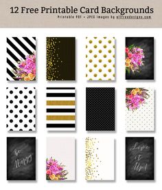 12 free printable card backgrounds with gold and black stripes, polka dots, flowers