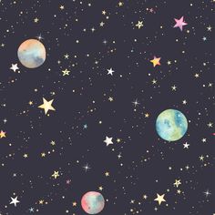 stars and planets in the sky with blue, pink, yellow and green hues