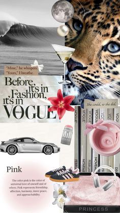 a collage of different items including a leopard