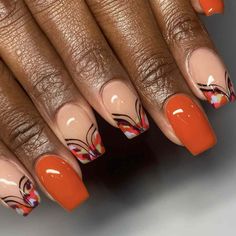 Fall Short Nails Orange, Nail Ideas For Fall Autumn, Orange Fall Nails Short, Short Orange Nail Ideas Fall, Fall Short Acrylic Nails, Orange Fall Nails Acrylic, Short Fall Nail Designs 2024, Orange Fall Nails With Leaves, Short Nail Manicure