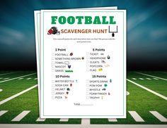 a football scavenger hunt is displayed on the field