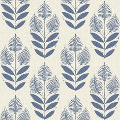 a blue and white wallpaper with leaves on it