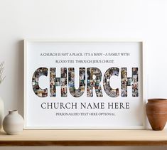 a white framed photo with the words church on it next to two vases and a potted plant