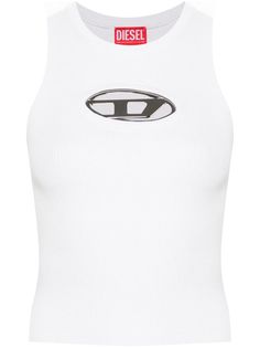 white knitted construction fine ribbed Oval D logo plaque cut-out detailing round neck sleeveless straight hem Diesel Logo, D Logo, Yoko London, Ribbed Top, Summer Beach Wear, Black Tank Tops, All Fashion, Clothes For Sale, Sweat Shirt