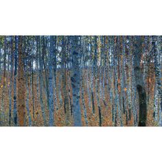 an abstract painting of trees in the woods with blue and yellow leaves on it's bark