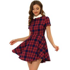 This dress is the perfect way to dress for every occasion! Featuring a Peter Pan-inspired contrast collar, a plaid print graphic, and short puff sleeves. A contrast doll collar adds sweet cuteness to this plaid dress. A contrasting Peter Pan collar adds a touch of classic preppy style to this plaid dress. This preppy style with normal sleeves is the perfect look for every occasion! Soft fabric ensures all-day comfort. It's the perfect choice for weekends, vacations, and everyday wear. Add a litt Preppy Plaid Short Sleeve Dress, Fall Plaid Dress With Short Sleeves, Short Sleeve Plaid Dress For Fall, Plaid Short Sleeve Dress For School, Retro Short Sleeve Plaid Dress, Red Fitted Plaid Dress With Short Sleeves, Fitted Red Plaid Dress With Short Sleeves, Peter Pan Collar Dress Outfit, Peter Pan Dress