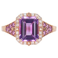 Presented A stunning variety of amethyst gemstones for those who respect quality and wish to wear them on any occasion or everyday basis. The rose gold amethyst fancy ring, embellished with diamonds, has a timeless and exquisite appeal. Amethyst Fancy Ring in 14Karat Rose Gold with Rhodolite and White Diamond. Amethyst: 2.21 carat, 9X7mm size, octagon shape. Rhodolite: 0.06 carat, 2.00mm size, round shape. Rhodolite: 0.17 carat, 1.50mm size, round shape. White Diamond: 0.17 carat, 1.20 - 1.30mm Amethyst Rings, Octagon Shape, Fancy Rings, Amethyst Gemstone, Amethyst Ring, The Rose, White Diamond, Engagement Wedding, Round Shape