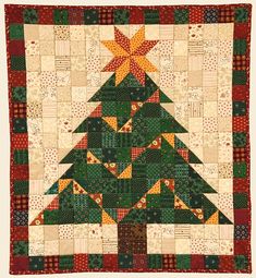 a quilted christmas tree with red, green and yellow squares