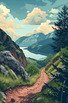 a painting of a mountain trail with mountains in the background