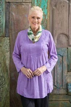 Hand Embroidered Lilac Cotton Tunic from India - Lilac Garden | NOVICA Lilac Garden, Poet Blouse, Wrapped Presents, Cotton Tunic, Long Tunic, Embroidery Fashion, Beautiful Blouses, Embroidery Dress, Beautiful Embroidery