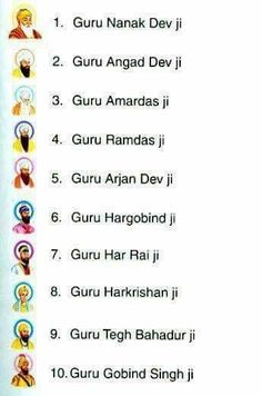 the ten avatars of guru namak devji in various languages on a white background