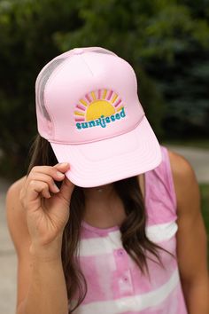 Pink Sunkissed Foam Trucker Hat Mesh Netting, Think Pink, Embroidered Design, Summer 2023, Link In Bio, Casual Style, Trucker Hat, Mesh, Boutique